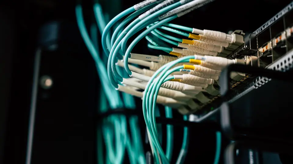 Network cables connected to equipment in a rack